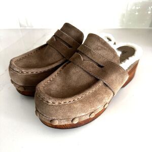 Frye Tan Suede Mules Clogs with Shearling Lining